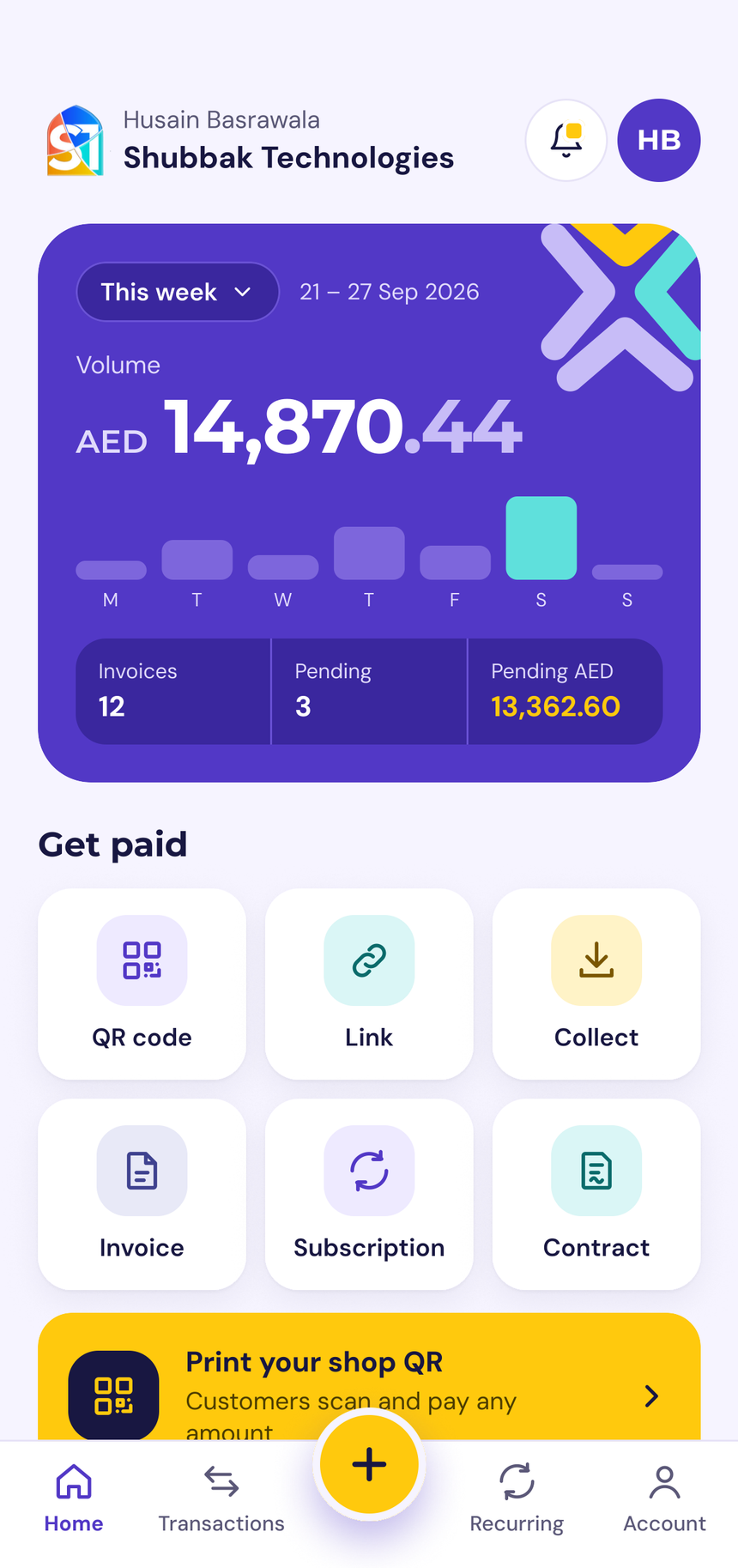لوحة تطبيق Maxcommerce Pay تعرض حجم المدفوعات الأسبوعي وطرق تحصيل الدفعات