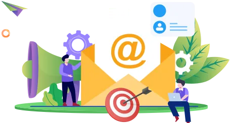 Illustration of email marketing, with an envelope showing an @ sign, a megaphone and a target