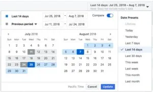 Facebook Ads Manager date picker comparing the last 14 days with the previous period, with date presets such as last 7, 14 and 30 days