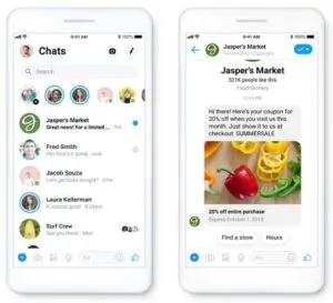 A sponsored message in Facebook Messenger: a grocery shop sends a 20% discount coupon in a chat