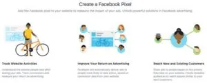 Facebook’s “Create a Facebook Pixel” screen: track website activities, improve your return on advertising, and reach new and existing customers